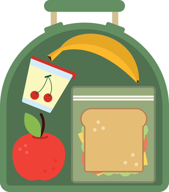 Lunchbox with food. Meal, apple and sandwich. Healthy cartoon vector illustration